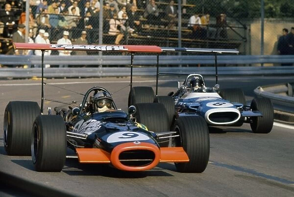 1969 Spanish Grand Prix - Pedro Rodriguez and JP Beltoise: Pedro Rodriguez, B. R. M. P126, retired, leads Jean-Pierre Beltoise, Matra MS80-Ford