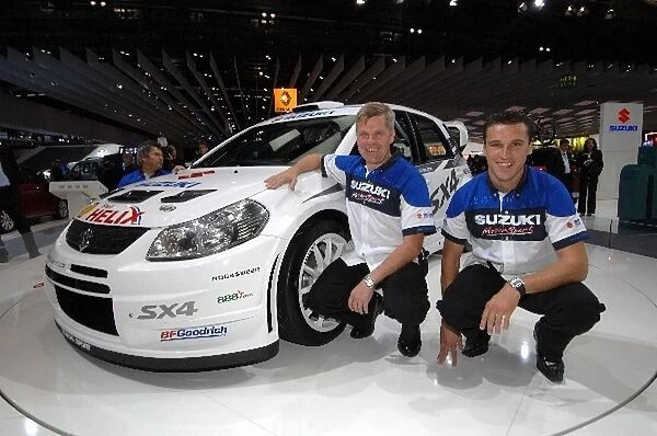 Frankfurt Motor Show: L-R: Sebastian Lindholm and Nicolas Bernardi with the new Suzuki SX4 WRC
