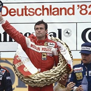 1982 German Grand Prix: Patrick Tambay 1st position, Rene Arnoux 2nd position and Keke Rosberg 3rd position on the podium