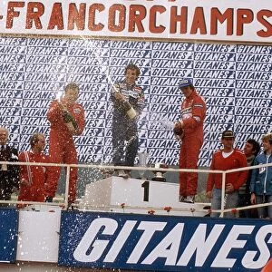 1983 Belgian Grand Prix: Alain Prost 1st position, Patrick Tambay 2nd position and Eddie Cheever 3rd position on the podium