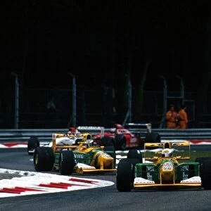 Formula One World Championship: Martin Brundle Benetton B192 leads team mate Michael Schumacher on his way to 2nd place