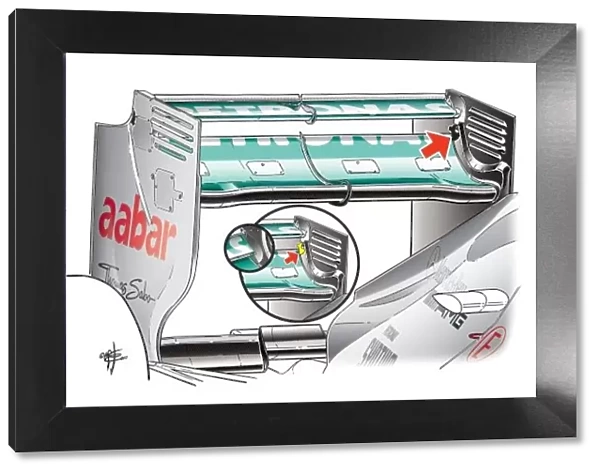 Mercedes W03 rear wing double DRS, arrow shows hole in rear wing endplate that is exposed when DRS i
