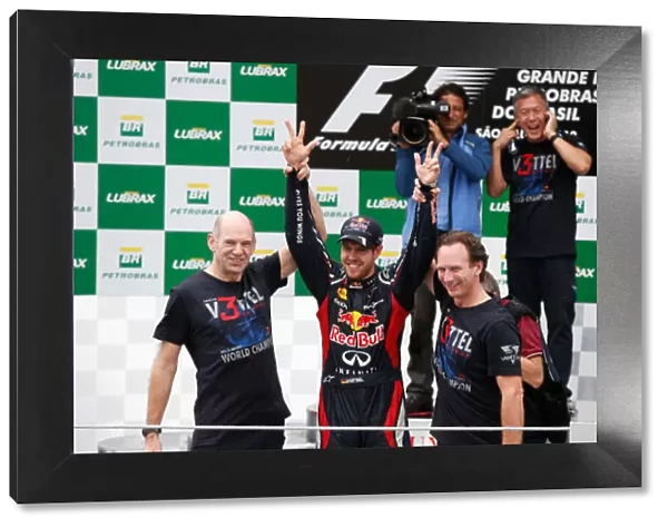 Interlagos, Sao Paulo, Brazil. Sunday 25th November 2012: 2012 World Champion Sebastian Vettel, Red Bull RB8 Renault, celebrates with Adrian Newey