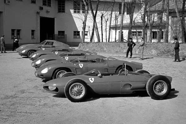 Ferrari F1 Launch: A selection of racing Ferraris are displayed outside the Ferrari factory, including a Ferrari 156 Sharknose'