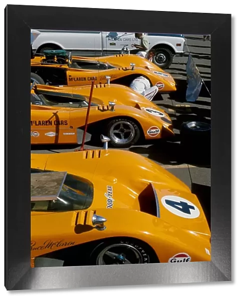 Can-Am Challenge Cup: The McLaren M8B Chevrolet machines of Bruce McLaren, Chris Amon and Denny Hulme in the paddock
