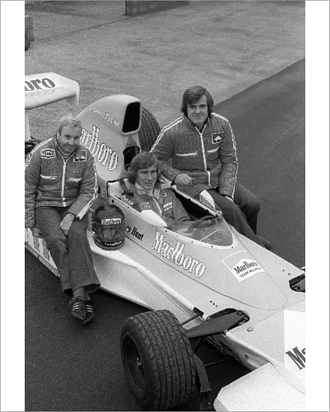 Formula One World Championship: James Hunt is unveiled as the new McLaren driver for 1976, sitting in a McLaren M23 with Teddy Mayer McLaren Team Owner