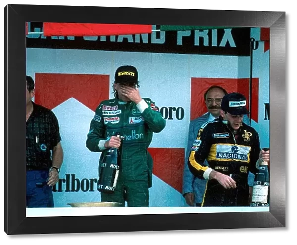 Formula One World Championship: Winner Gerhard Berger, 2nd place Alain Prost and 3rd place Ayrton Senna celebrate on the podium