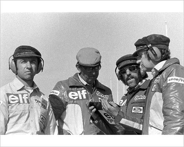 Formula One World Championship: L to R: Jo Ramirez, Ken Tyrrell, Chief Mechanic Roger Hill, and designer Derek Gardner
