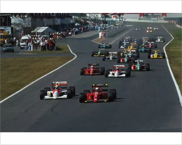 Formula One World Championship: Ayrton Senna goes down the inside of Alain Prost