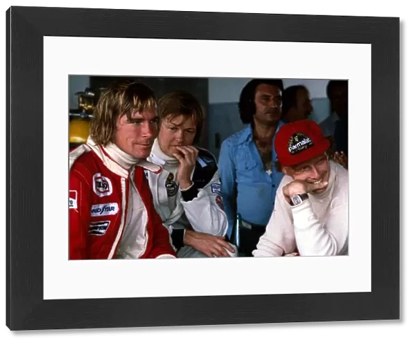 Formula One World Championship: L to R: James Hunt, Ronnie Peterson and Niki Lauda