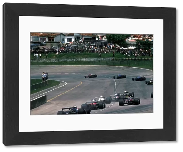 Formula One World Championship: Gilles Villeneuve leads the Ligiers of Pironi and Lafitte into the first corner