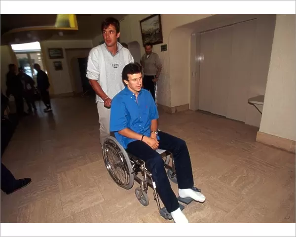Formula One World Championship: Olivier Panis arrives at the Cure Marine sports injury rehabilitation hospital to recover from the broken legs
