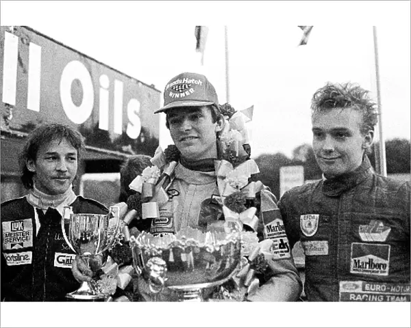 British Formula Ford Festival: The podium: Uwe Schafer Van Diemen, second; Gerrit Van Kouwen Lola, festival winner and Bertrand Gachot