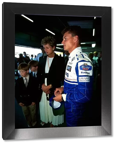 Formula One World Championship: Princess Diana and Prince Harry meet David Coulthard Williams at Silverstone during the British Grand Prix