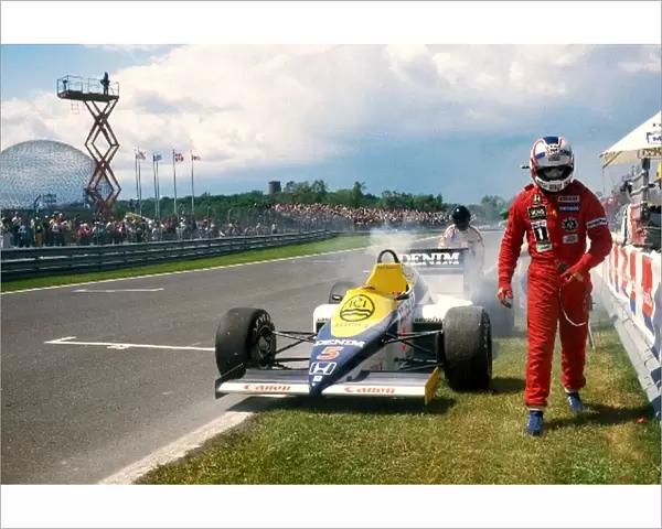 Formula One World Championship: Nigel Mansell walks from his Williams FW10 during Saturday qualifying when he suffered a problem with a Honda turbo