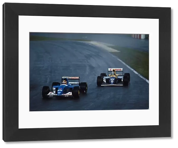 Formula One World Championship: Mark Blundell Ligier JS39 leads Damon Hill Williams FW 15C