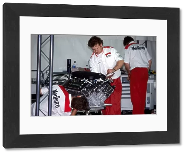 Formula One Testing: McLaren mechanics prepare the Chrysler  /  Lamborghini V12 that the team is evaluating