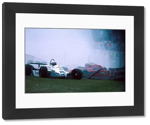 Formula One World Championship: Alan Jones Williams FW07C was collected by a spinning Gilles Villeneuve Ferrari 126CK at Woodcote on the fourth lap