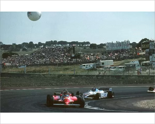 Formula One World Championship: Winner Gilles Villeneuve Ferrari 126CK, leads 2nd placed Jacques Lafitte Talbot Ligier JS17