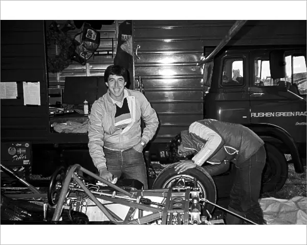 Formula Ford 2000: Young photographer Keith Sutton stands with the race winning Rushen Green Van Diemen RF82 of race and championship winner