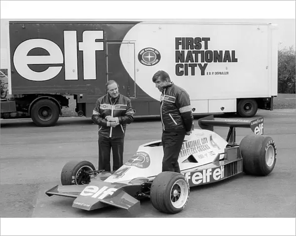 Formula One World Championship: R-L: Ken Tyrrell Tyrrell Team Owner with Maurice Phillippe Tyrrell Designer, with the new Tyrrell 008 and the