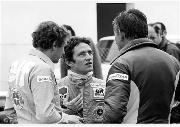 Formula One World Championship: L-R: Derek Gardner, Tyrrell chief designer; Patrick Depailler Tyrrell-Cosworth and Ken Tyrrell, Tyrrell team owner