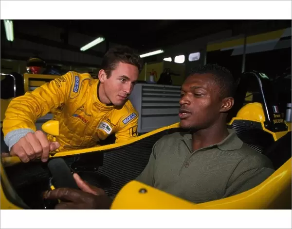 British Formula Three Championship: Bruce Jouanny shows Chelsea and France soccer star Marcel Desailly around his Dallara
