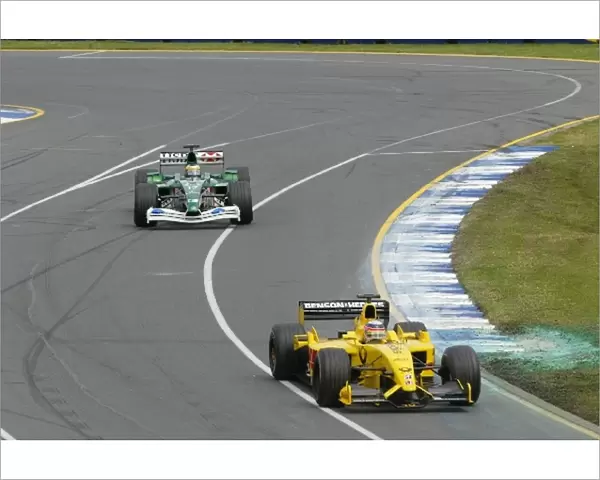 Formula One World Championship: Takuma Sato Jordan Honda EJ12 leads Pedro de la Rosa Jaguar Cosworth R3