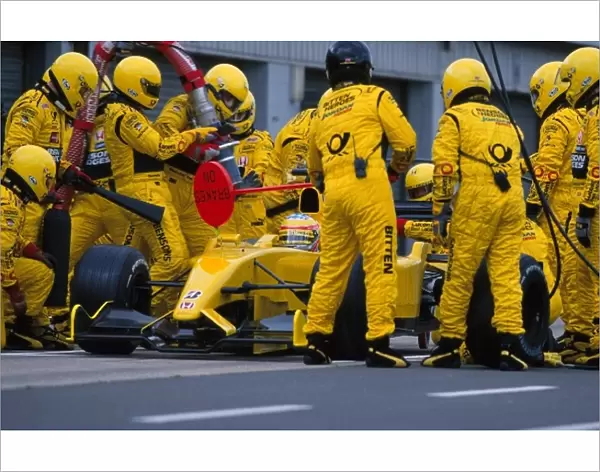 Formula One Testing: Takuma Sato Jordan Honda EJ12 practices a pit stop