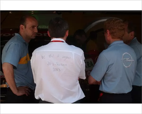Back-side of the shirt of one of the Opel Team Managers, proud after winning the 24 hours race of the Nurburgring one week before with a Opel Astra V8 Coup
