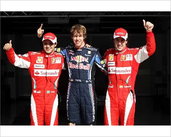 Formula One World Championship: Post qualifying parc ferme: Felipe Massa Ferrari, second; Sebastian Vettel Red Bull Racing, pole position; Fernando