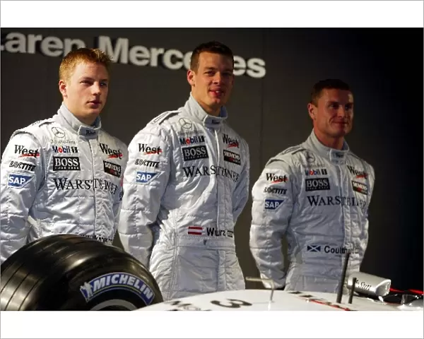 McLaren F1 Launch 2002: L to R: Kimi Raikkonen, David Coulthard, Alex Wurz