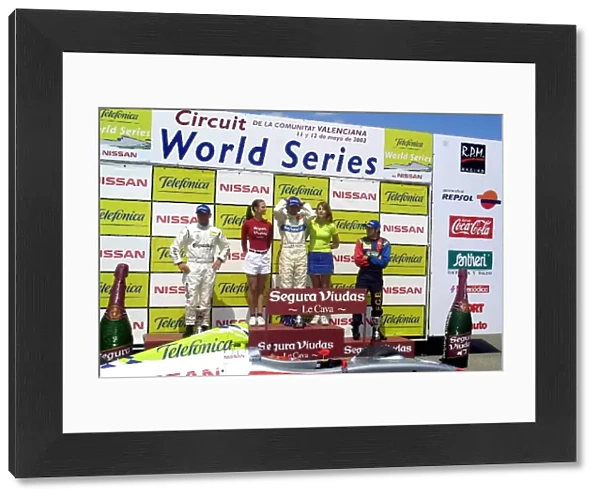 Formula Nissan World Series: Left to right: Ander Vilarino 2nd place, race winner Franck Montagny and 3rd placed Ricardo Zonta