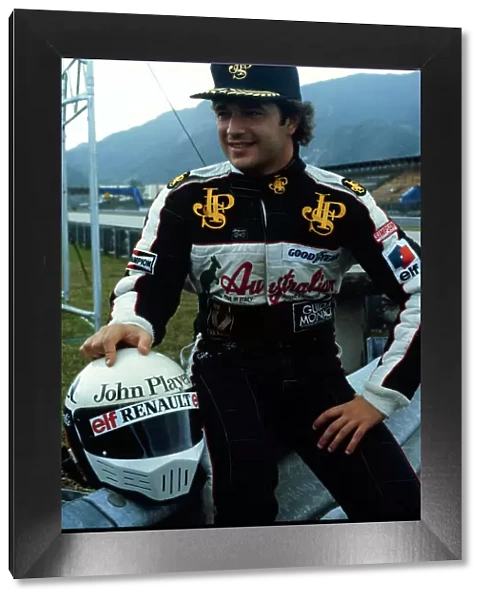 1984 BRAZILIAN GP. Lotus Driver Elio de Angelis poses in his new racewear for