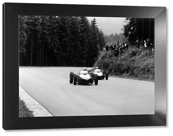 1961 Belgian Grand Prix. Spa-Francorchamps, Belgium. 16-18 June 1961. Wolfgang von Trips leads Phil Hill (both Ferrari 156). They finished in 2nd and 1st position respectively. World Copyright: LAT Photographic Ref: Autosport b&w print