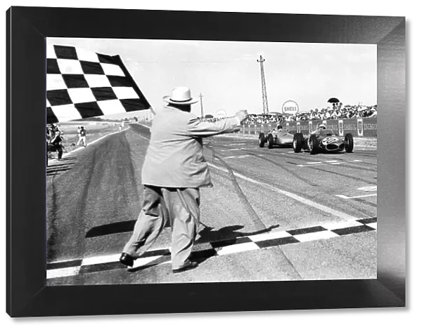 1961 French Grand Prix. Reims-Gueux, France. 30  /  6-2  /  7 1961. Giancarlo Baghetti (Ferrari 156) closely followed by Dan Gurney (Porsche 718), takes the chequered flag for 1st position and his maiden win on his Grand Prix debut