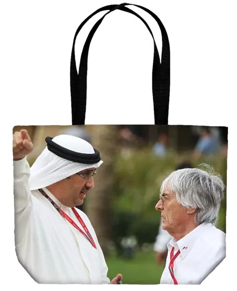 Formula One World Championship: Muhammed Al Khalifa Chairman of Bahrain circuit and McLaren shareholder talks with Bernie Ecclestone F1 Supremo
