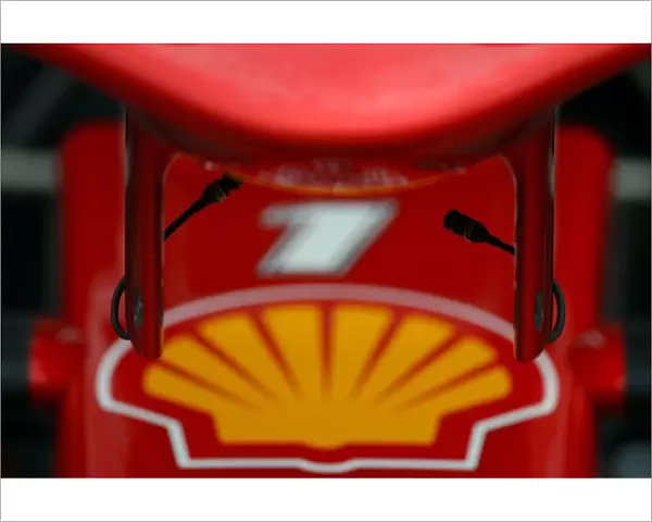 Formula One World Championship: Ferrari front wing detail showing TV camera wire connections