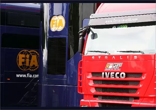 Formula One World Championship: Ferrari truck next to the FIA Motorhome