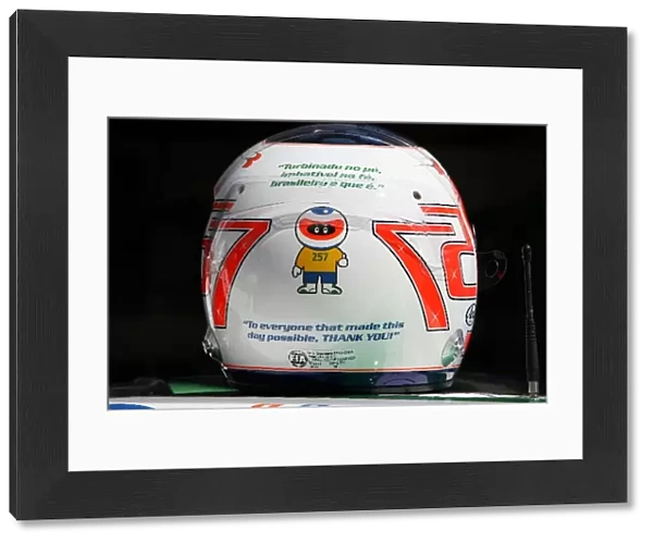 Formula One World Championship: Special helmet of Rubens Barrichello Honda Racing F1 Team celebrates 257 GPs