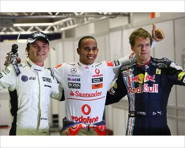 Formula One World Championship: Qualifying top three: Nico Rosberg Williams, third; Lewis Hamilton McLaren, pole position; Sebastian Vettel Red Bull Racing