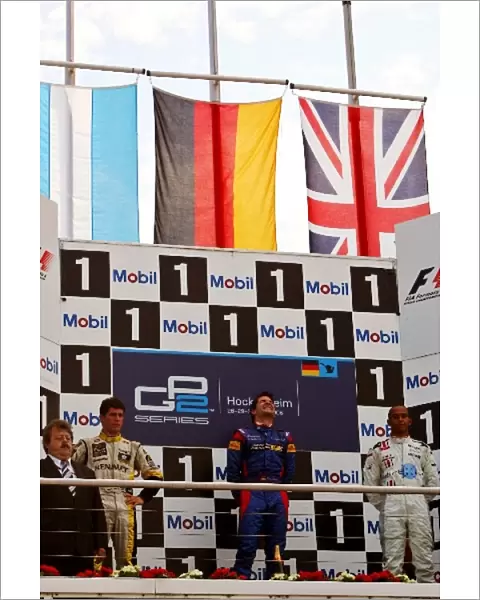 GP2 Series: The podium: Jose Maria Lopez Super Nova, second; Timo Glock iSport International, race winner; Lewis Hamilton ART Grand Prix, third