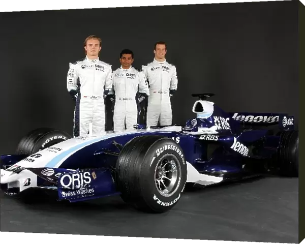 Williams FW29 Presentation: L-R Team mates Nico Rosberg, Narain Karthikeyan and Alex Wurz with the new Williams FW29