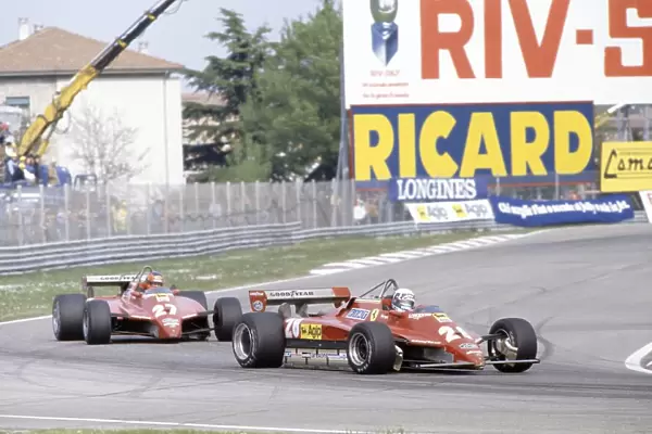 1982 San Marino Grand Prix. Imola, Italy. 23-25 April 1982. Didier Pironi leads Gilles Villeneuve (both Ferrari 126C2). They finished in 1st and 2nd positions respectively. World Copyright: LAT Photographic Ref: 35mm transparency 82SM62