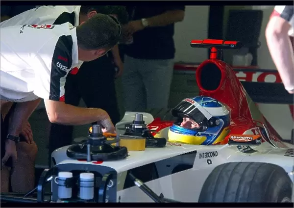 Formula One World Championship: 2003 F3000 Champion Bjorn Wirdheim Arden International has a seat fitting with the BAR team