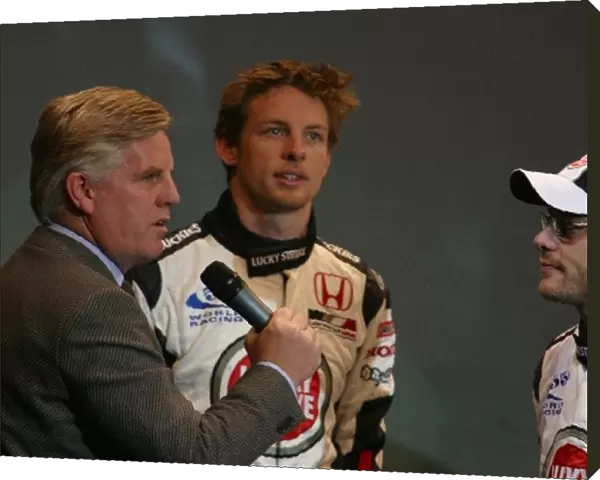 Formula One Launch: BBC TV Sport Host Steve Rider interviews Jenson Button BAR and Jenson Button BAR at the launch of the new BAR 005