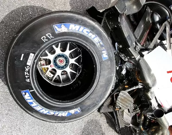 Formula One World Championship: The tyre of Ralf Schumacher Toyota after his qualifying crash