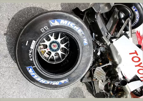 Formula One World Championship: The tyre of Ralf Schumacher Toyota after his qualifying crash