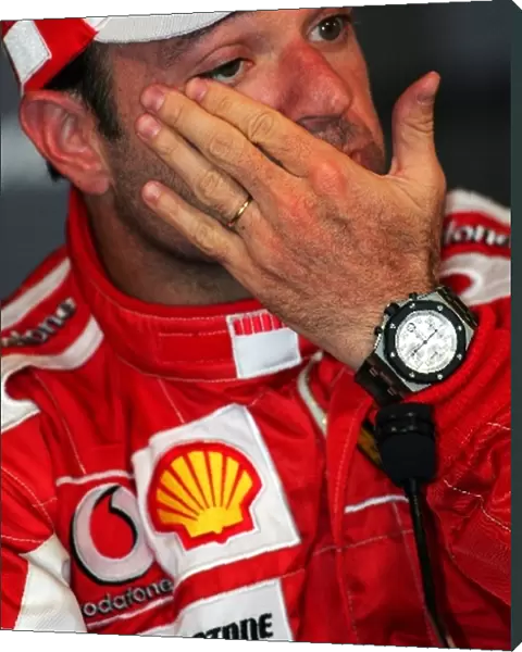 Formula One World Championship: Second place Rubens Barrichello Ferrari in the post race press conference