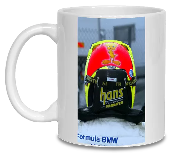 Formula BMW UK Championship: The helmet of Sam Bird Fortec Motorsport with a tweety pie sticker design on the back